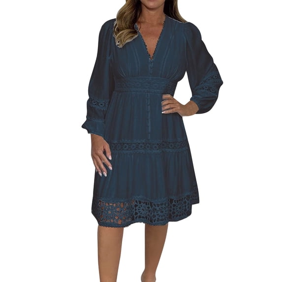 WRKEKC Womens Dresses Casual Solid Color Long Sleeve Round Neck Midi Dress for Fall Winter Lace Panel Soft Knit Back Zip A Line and Side Slits