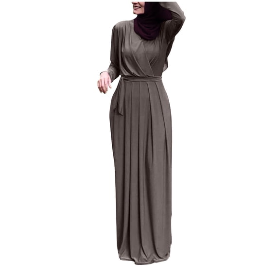 WRKEKC Womens Dresses Casual Solid Color Long Sleeve V-Neck Maxi Dress for Fall Winter Loose Fit Modest Style with Side Slits and Back Keyhole