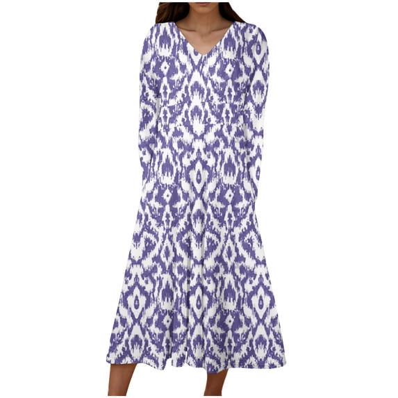 WRKEKC Womens Dresses Casual Solid Color Long Sleeve V-Neck Midi Dress for Fall Winter Soft Fabric Knee Length with Side Pockets and A Line Silhouette