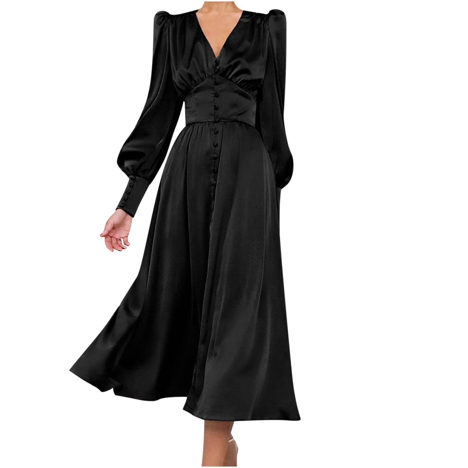 long sleeve black satin midi dress Elegant Satin V-Neck Long Sleeve Midi Dress  Black by Julia Allert