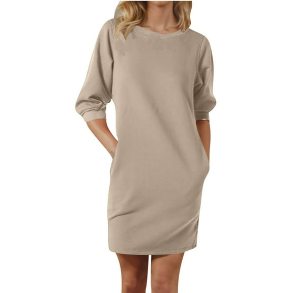 WRKEKC Womens Dresses Casual Solid Color Round Neck Half Sleeve Sweatshirt Dress with Pocket Knee Length