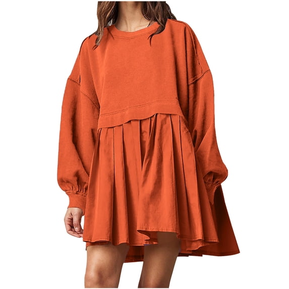 WRKEKC Womens Dresses Casual Solid Color Round Neck Long Sleeve Sweatshirt Dress with Contrast Trim Knee Length
