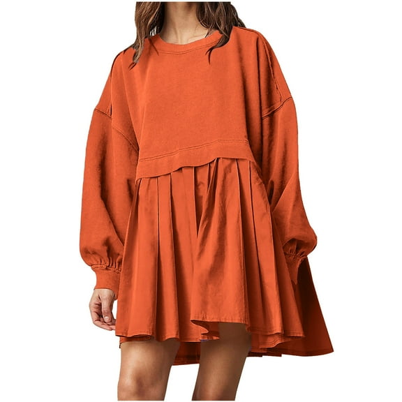 WRKEKC Womens Dresses Casual Solid Color Round Neck Long Sleeve Sweatshirt Dress with Contrast Trim Knee Length
