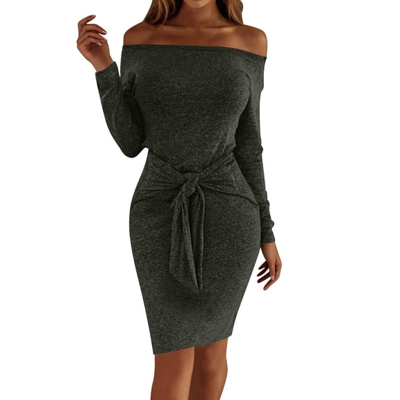 WRKEKC Womens Dresses Casual Solid Color Strapless Tie Side Bodycon Mini Dress for Fall Winter Off Shoulder Stretch Knit with Back Zip