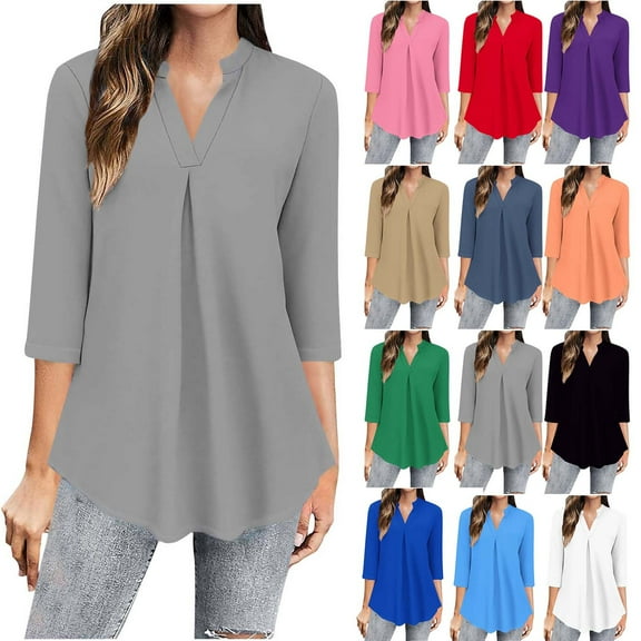 WRKEKC Womens Dressy Casual Tops, Summer T-Shirts for Women, Women's Casual Solid Color 3/4 Sleeve V-Neck Blouse Trendy Comfortable Dressy Top