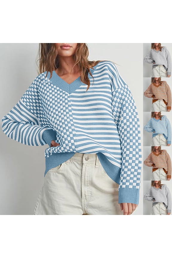 Womens Fall Winter V Neck Knit Sweater Striped Checkerboard Color Block Long Sleeve Fashion Trendy Top