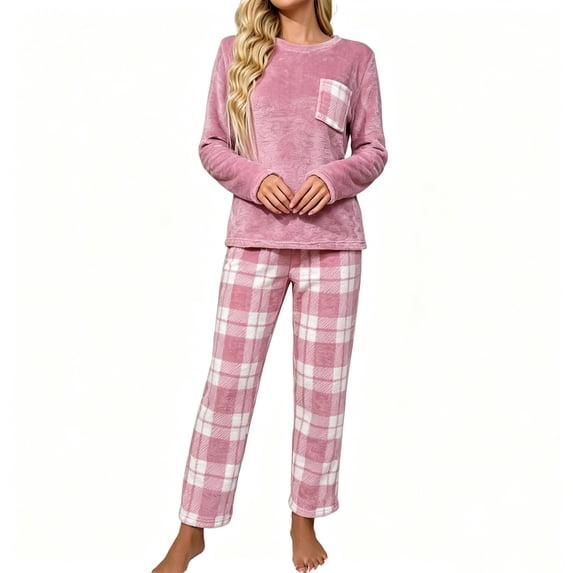WRKEKC Womens Flannel Pajamas Sets Crew Neck Plaid Print Long Sleeve with Pants Loungewear Set Warm Pajama Soft Cotton
