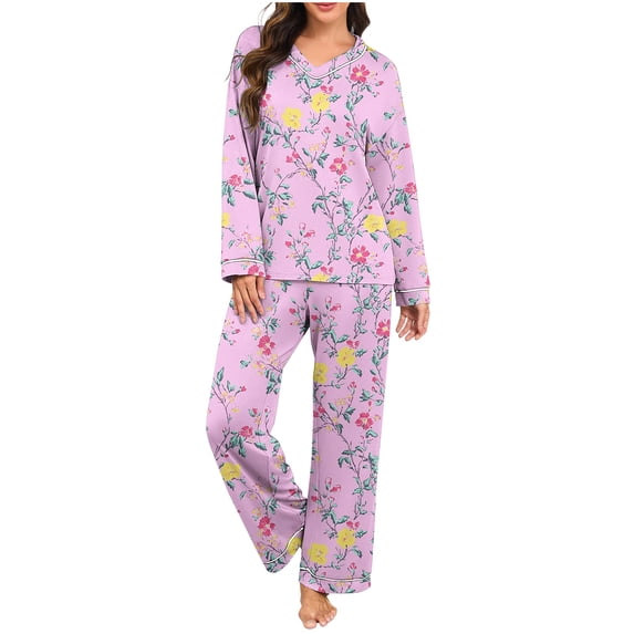 WRKEKC Womens Flannel Pajamas Sets Plaid Print V-Neck Loose Fit Long Sleeve Long Pants Sleepwear Set for Women Home Leisure Wear