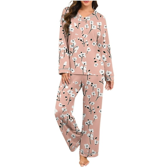 WRKEKC Womens Flannel Pajamas Sets Plaid Print V-Neck Loose Fit Long Sleeve Long Pants Sleepwear Set for Women Home Leisure Wear