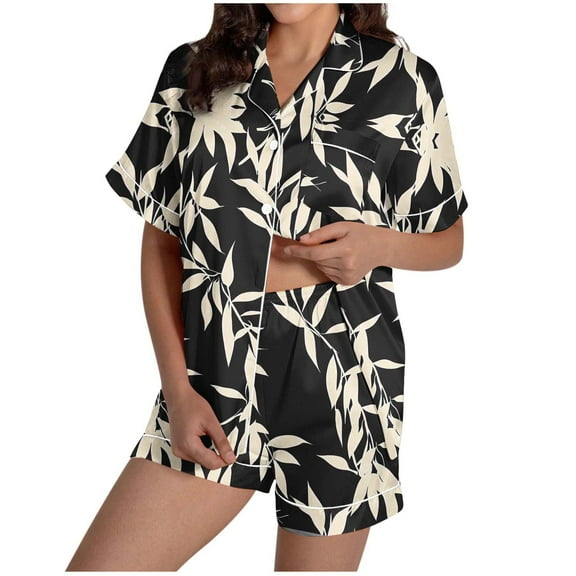 WRKEKC Womens Flannel Pajamas Sets Print Collar Pocket Short Sleeve Short Pants Home Lounge Sleepwear Set for Women Casual Wear
