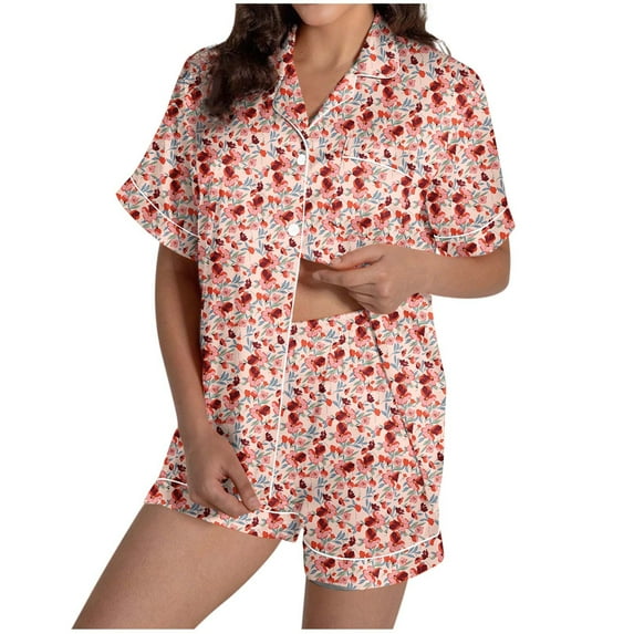 WRKEKC Womens Flannel Pajamas Sets Print Collar Pocket Short Sleeve Short Pants Home Lounge Sleepwear Set for Women Casual Wear