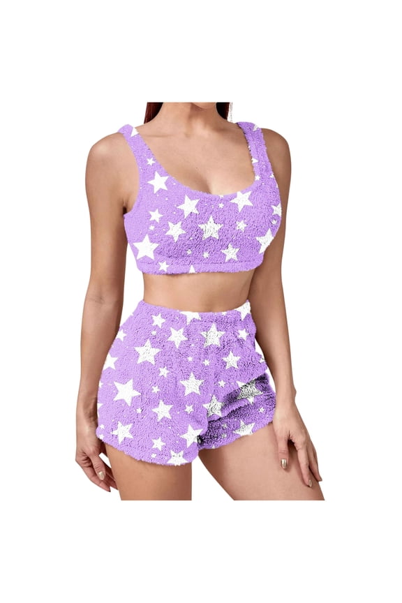 Womens Flannel Pajamas Sets Print Winter Double Fleece Home Lounge Bra and Shorts Sleepwear Set for Women Warm Wear