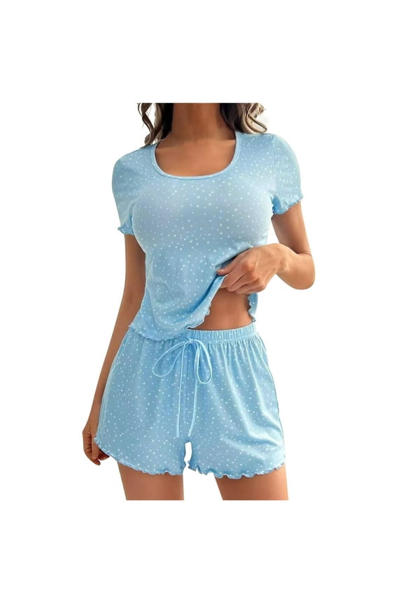 Womens Flannel Pajamas Sets Solid Color Lightweight Collared Double Heart Embroidered Cardigan Short Sleeve and Shorts Loungewear Set for Home