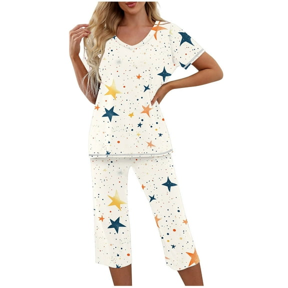 WRKEKC Womens Flannel Pajamas Sets V-Neck Printed Short Sleeve Top and Elastic Waist Pocket Capri Pants Sleepwear Set for Women