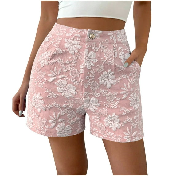 WRKEKC Womens Floral Shorts, Summer Trendy Shorts for Women, Women's Casual Textured Retro Floral High-Waisted Straight Shorts with Pockets