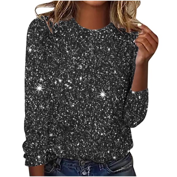 WRKEKC Womens Gradient Glitter Printed Crew Neck Pullover Long Sleeve Top Casual Shirt for Women Fashion Daily Wear Comfortable Outfit