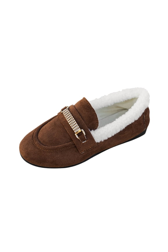 Womens Loafers Bean Shoes Solid Fleece Lined Warm Round Toe Closed Toe Slip On Low Top Cotton Shoes Winter