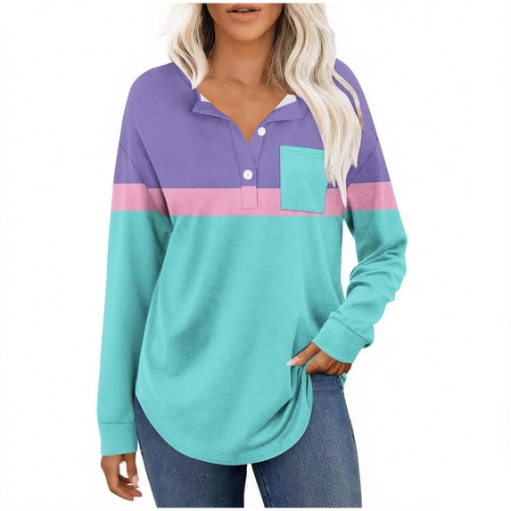 WRKEKC Womens Long Sleeve Sweatshirts Gradient Print V-Neck Button Pullover Stylish Top for Women Casual Daily Wear with Trendy Style