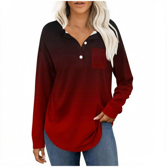 WRKEKC Womens Long Sleeve Sweatshirts Gradient Print V-Neck Button Pullover Stylish Top for Women Casual Daily Wear with Trendy Style