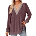 thumbnail image 1 of WRKEKC Womens Long Sleeve T-Shirt Casual V-Neck Color Block Side Slit Loose Fit Top for Women Daily Wear with Soft Fabric, 1 of 6
