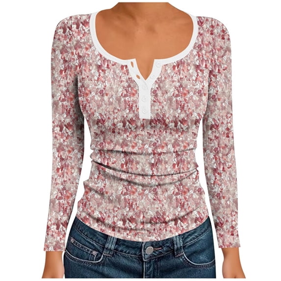 WRKEKC Womens Long Sleeve T-Shirts Casual Print Button Square Neck Ribbed Basic Layering Shirt Top for Women Fashion Daily Wear