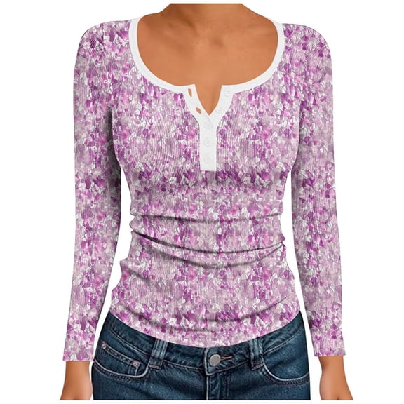 WRKEKC Womens Long Sleeve T-Shirts Casual Print Button Square Neck Ribbed Basic Layering Shirt Top for Women Fashion Daily Wear