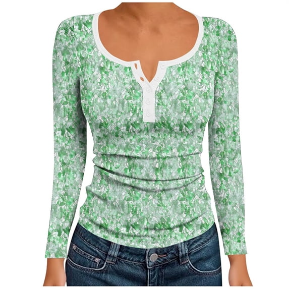 WRKEKC Womens Long Sleeve T-Shirts Casual Print Button Square Neck Ribbed Basic Layering Shirt Top for Women Fashion Daily Wear