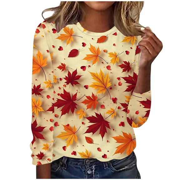 WRKEKC Womens Long Sleeve T-Shirts Maple Leaf Printed Loose Fit Long Sleeve Crew Neck T-Shirt Casual Womens Top