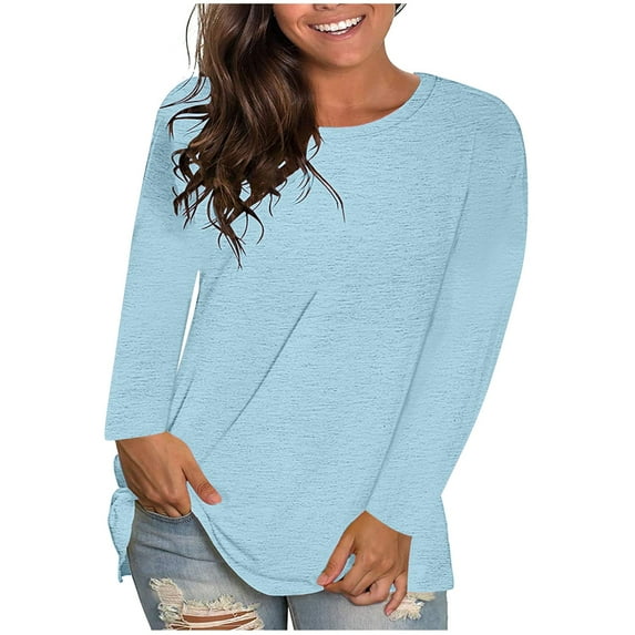 WRKEKC Womens Long Sleeve T-Shirts Plus Size Solid Color Crew Neck Loose Fit Tunic Top Lightweight Breathable Daily Wear for Fall and Winter
