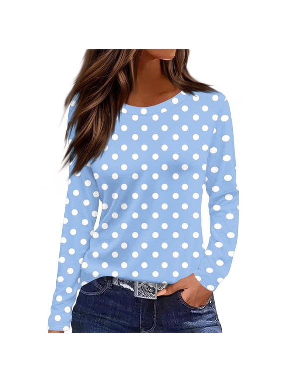 Womens Long Sleeve T-Shirts Polka Dot Printed Loose Fit Everyday Casual Long Sleeve Crew Neck T-Shirt Womens Top
