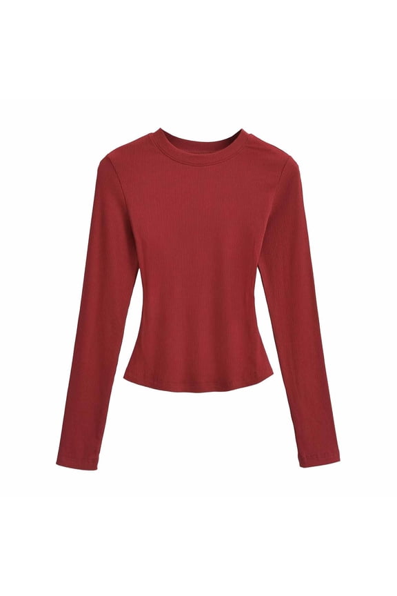 Womens Long Sleeve T-Shirts Solid Color Crew Neck Basic Fitted Slimming Shirt Top for Women Layering Casual Daily Wear