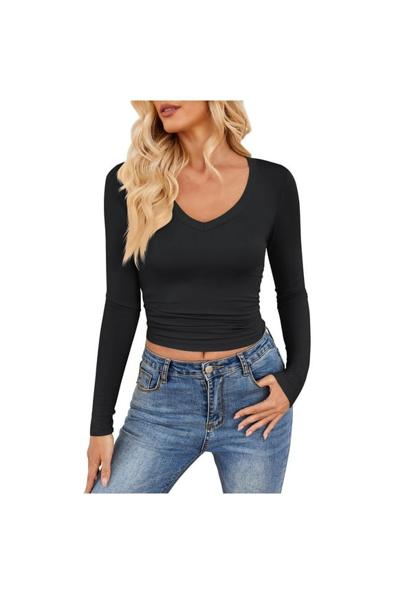 Womens Long Sleeve T-Shirts V-Neck Milk Silk Base Layer Long Sleeve Top for Women Casual Daily Wear Soft Fitted Tee Shirt