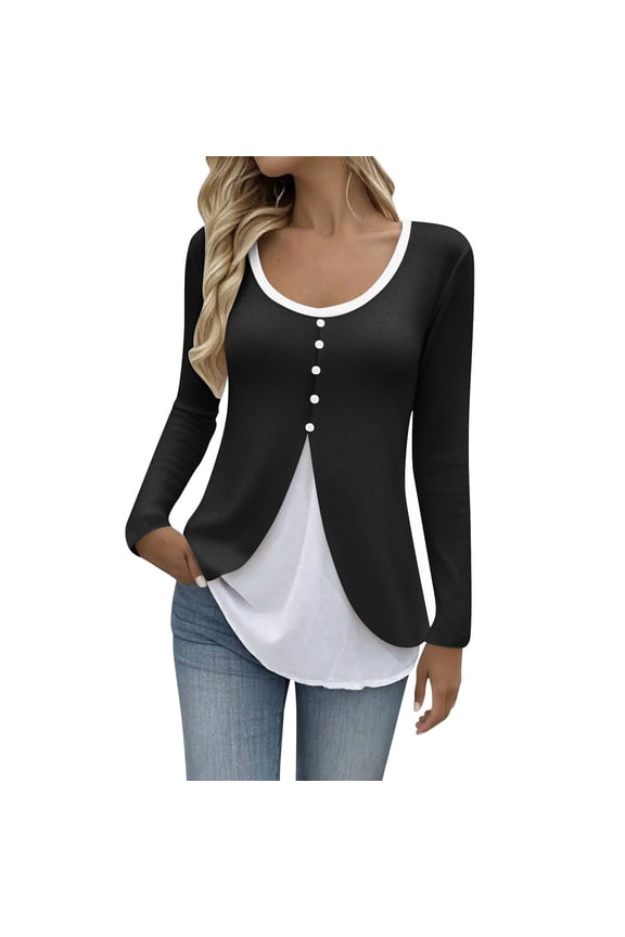 Womens Long Sleeve Tops Solid Color Crew Neck Casual Color Block Layered Long Sleeve T-Shirt Slim Waist Cinched Layering Top for Women Daily Wear