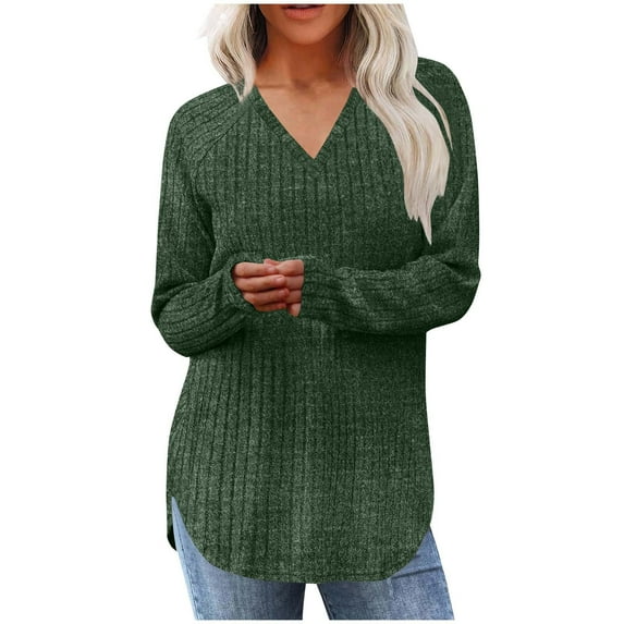 WRKEKC Womens Long Sleeve Tops Solid Color V Neck Drop Shoulder Split Hem Loose Knit T-Shirt for Fall and Winter