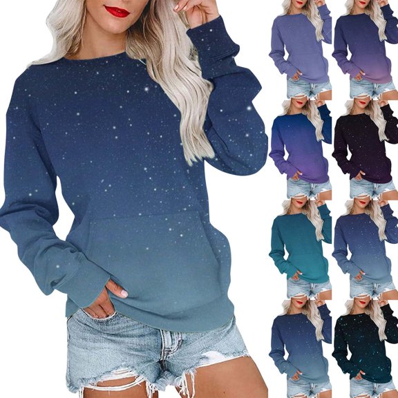 WRKEKC Sweatshirts for Women Casual Gradient Color Loose Crew Neck Long Sleeve Pocket Sleeveless Hood Sweatshirt for Women Fall Casual Trendy Top