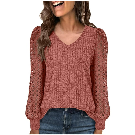 WRKEKC Womens Long Sleeve Tops V Neck Lace Patchwork Solid Color Knit Blouse Loose Fit Casual Fall and Winter Pullover