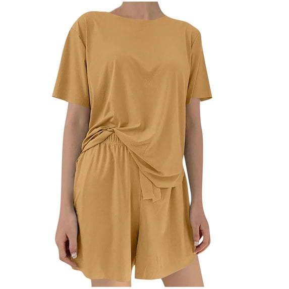 WRKEKC Womens Pajama Set Crew Neck Short Sleeve Shorts Drawstring Elastic Waist Loungewear Set Lightweight Home Sleepwear for Women Summer Rest