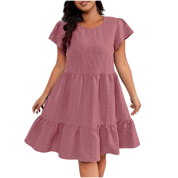 WRKEKC Womens Plus Size T-Shirt Dresses, Summer Casual Dresses for Women, Women's Casual Summer Solid Color Camis Short Sleeve Pleated Round-Neck Dress