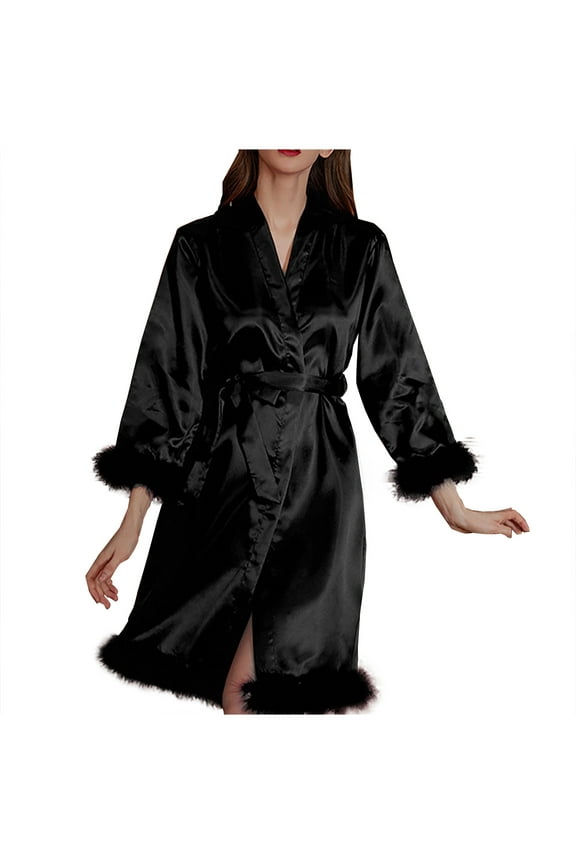 Womens Robe Casual Solid Color Feather Kimono Satin Nine Quarter Sleeve Morning Robe Sleep Robe Bathrobe