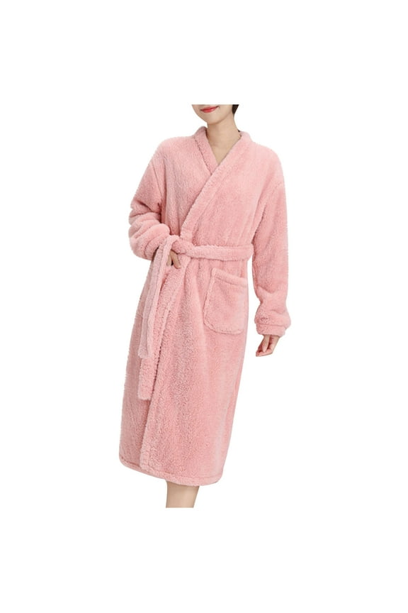 Womens Robe Fall Winter Double Sided Thickened Flannel Long Sleeve Solid Color Pocketed Bathrobe Womens Home & Outdoor Wear Robe