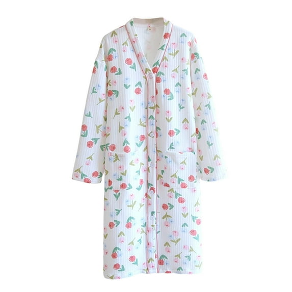 WRKEKC Womens Robe Fall Winter Soft Printed V Neck Long Sleeve Button Cardigan with Pockets Bathrobe Loungewear Sleep Robe