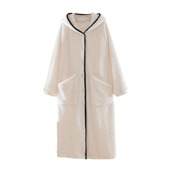 WRKEKC Womens Robe Fall Winter Solid Color Hooded Long Sleeve Button Down Pocketed Bathrobe Womens Home Loungewear Robe
