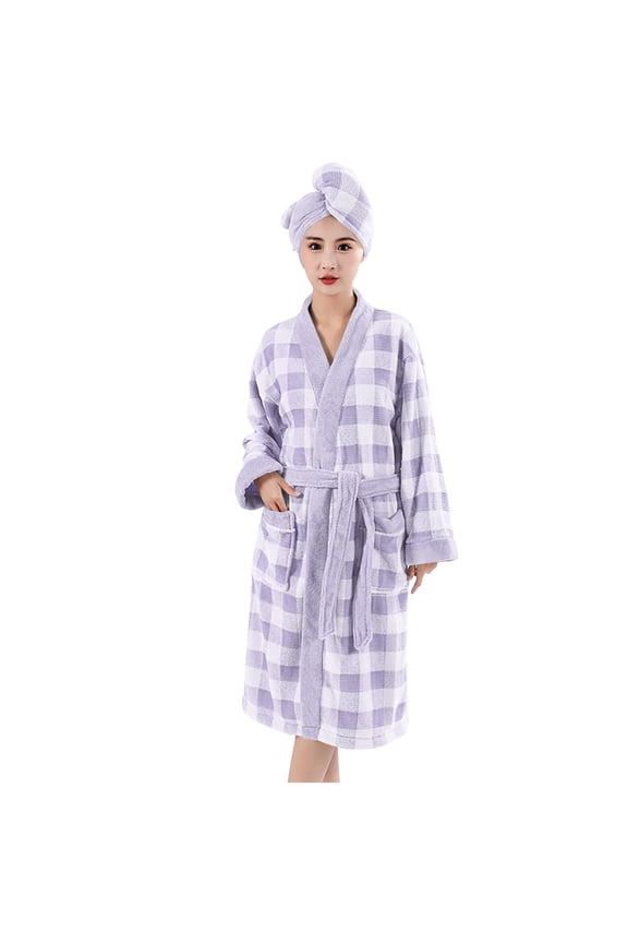 Womens Robe Fall Winter Thickened Coral Fleece Plaid Print Quick Dry Absorbent Bathrobe with Matching Hair Towel Wrap Set Loungewear Sleep Robe Homewear