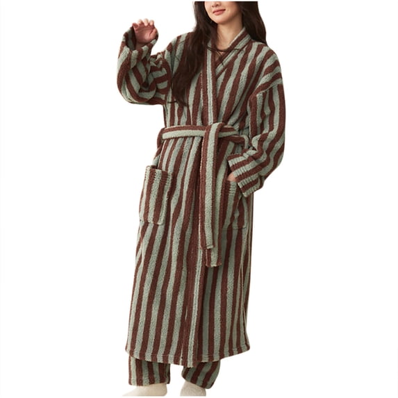WRKEKC Womens Robe Long Sleeve Striped Pocket Coral Fleece Long Bathrobe for Women Loungewear Extended Length Sleep Robe Homewear