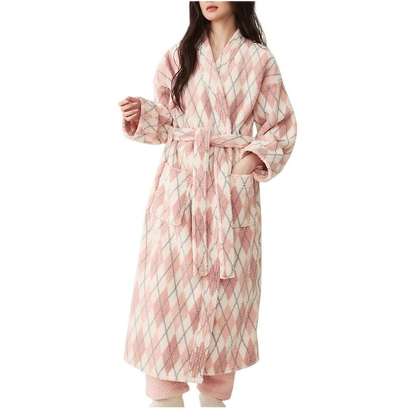 WRKEKC Womens Robe Long Sleeve Striped Pocket Coral Fleece Long Bathrobe for Women Loungewear Extended Length Sleep Robe Homewear