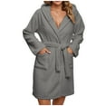 thumbnail image 1 of WRKEKC Womens Robe Plush Solid Color Hooded Bathrobe with Pockets and Adjustable Belt Short Sleep Robe for Loungewear Daily Comfort, 1 of 6