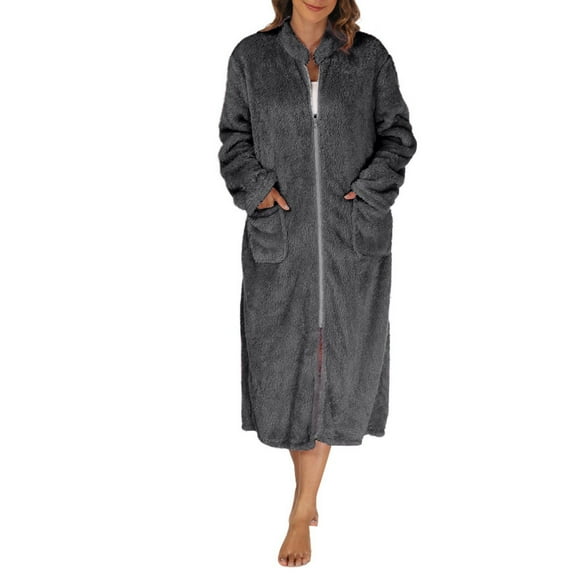 WRKEKC Womens Robe Solid Color Winter Loose Fleece Warm Thickened Long Zipper Robe Loungewear Homewear Bathrobe for Women