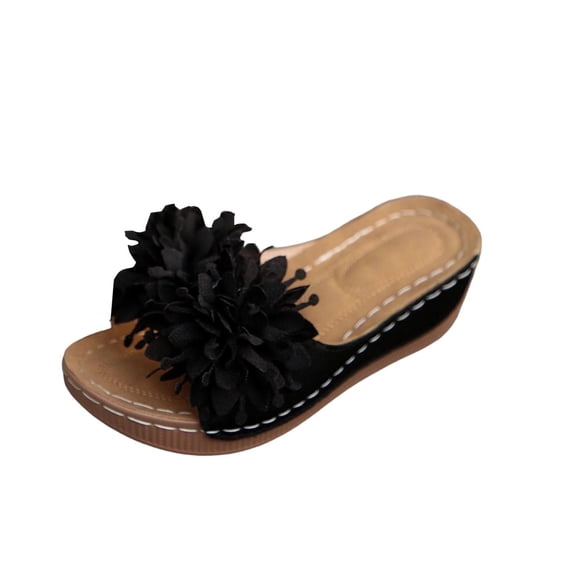 WRKEKC Womens Sandals Solid Color Flower Decor Peep Toe Elevated Wedge Slides Casual Summer Thick Sole Footwear