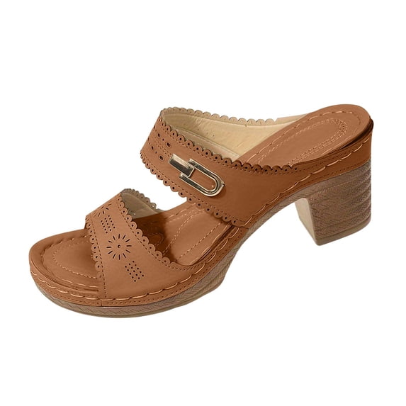 WRKEKC Womens Sandals Solid Color One Strap Buckle High Heel Metal Accent Chunky Heel Comfortable Open Toe Summer