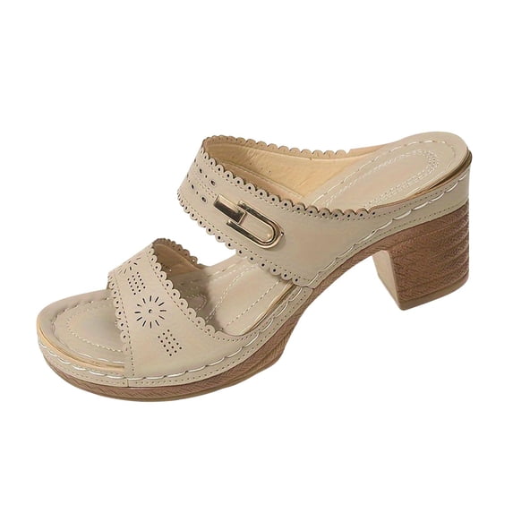 WRKEKC Womens Sandals Solid Color One Strap Buckle High Heel Metal Accent Chunky Heel Comfortable Open Toe Summer